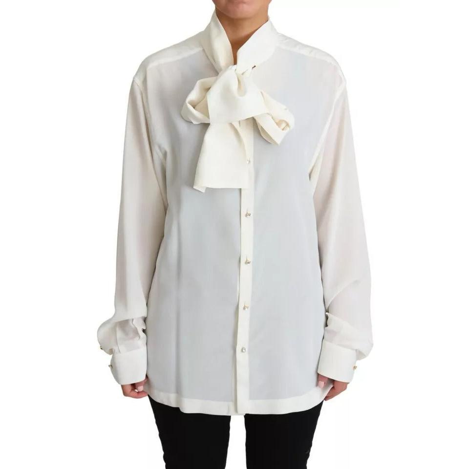Dolce &amp; Gabbana White Blouse Ascot Collar Shirt Silk Top