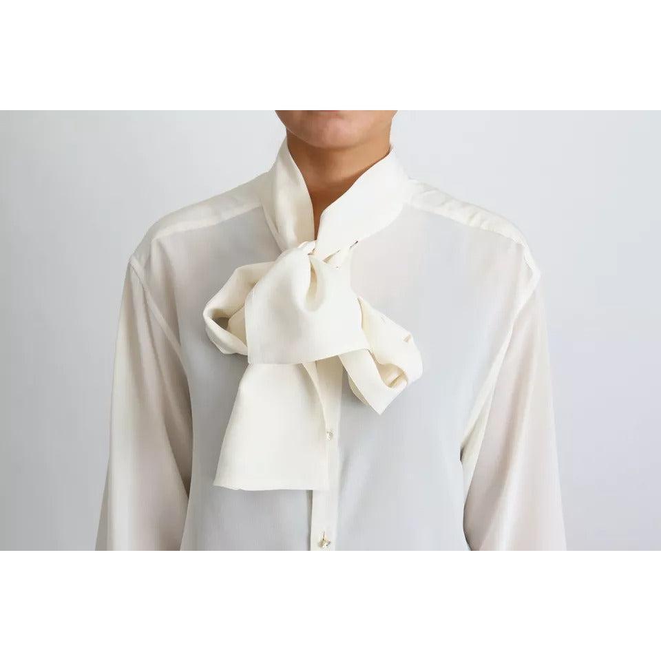 Dolce &amp; Gabbana White Blouse Ascot Collar Shirt Silk Top