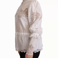 Dolce & Gabbana White Cotton Lace Trim Turtle Neck Blouse Top