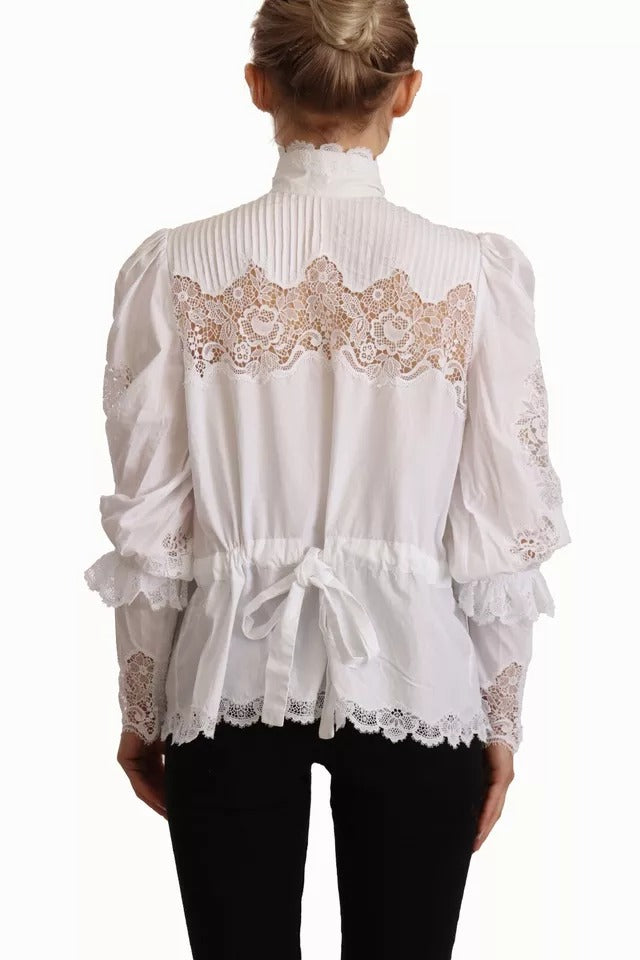 Dolce & Gabbana White Cotton Lace Trim Turtle Neck Blouse Top