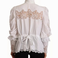 Dolce & Gabbana White Cotton Lace Trim Turtle Neck Blouse Top