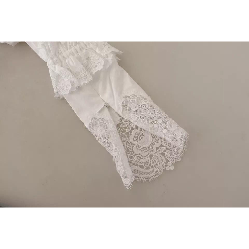 Dolce &amp; Gabbana White Cotton Lace Trim Turtle Neck Blouse Top