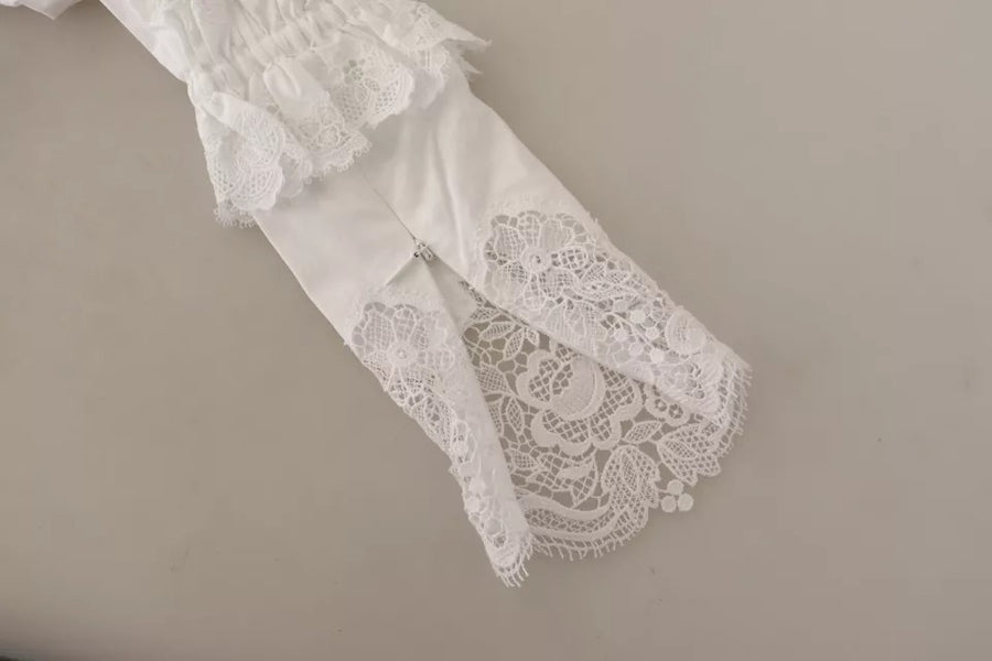 Dolce & Gabbana White Cotton Lace Trim Turtle Neck Blouse Top