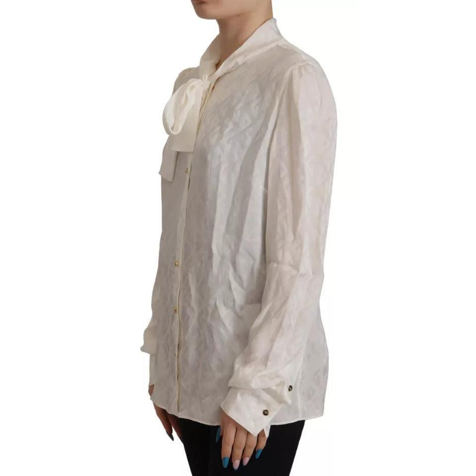 Dolce &amp; Gabbana White Patterned Silk Ascot Collar Blouse Top