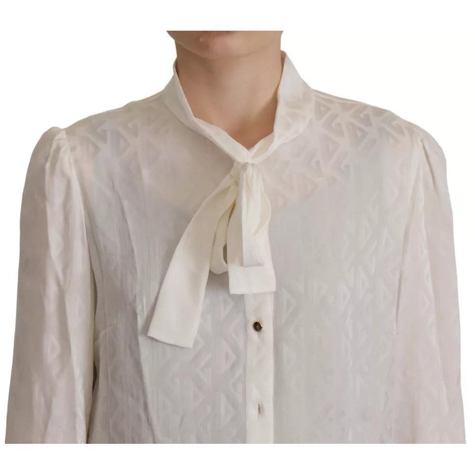 Dolce &amp; Gabbana White Patterned Silk Ascot Collar Blouse Top
