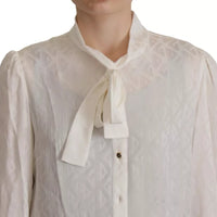 Dolce & Gabbana White Patterned Silk Ascot Collar Blouse Top