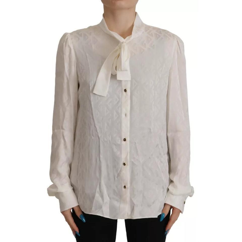 Dolce &amp; Gabbana White Patterned Silk Ascot Collar Blouse Top