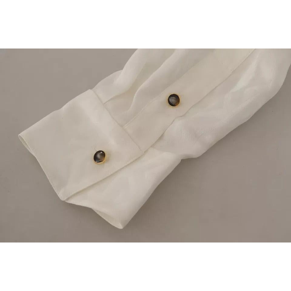 Dolce &amp; Gabbana White Patterned Silk Ascot Collar Blouse Top
