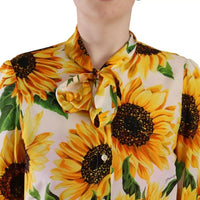 Dolce & Gabbana White Sunflower Silk Ascot Collar Blouse Top