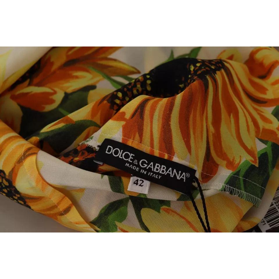 Dolce &amp; Gabbana White Sunflower Silk Ascot Collar Blouse Top