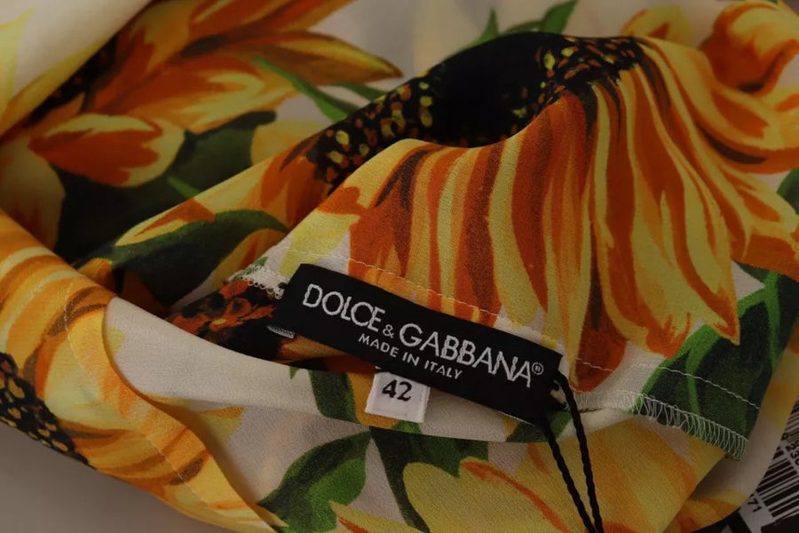 Dolce & Gabbana White Sunflower Silk Ascot Collar Blouse Top