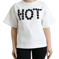 Dolce & Gabbana White Cotton Stretch Black HOT Crystal T-shirt