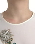 Dolce & Gabbana White Silk Crystal 3/4 Sleeves Blouse Top