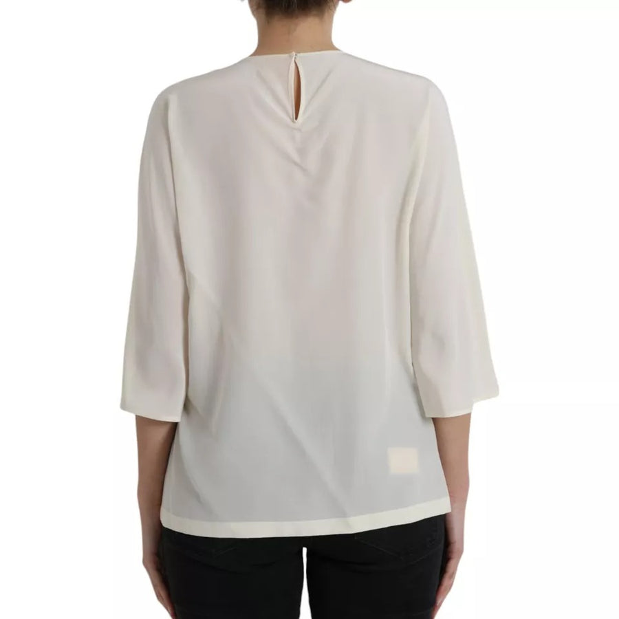 Dolce & Gabbana White Silk Crystal 3/4 Sleeves Blouse Top