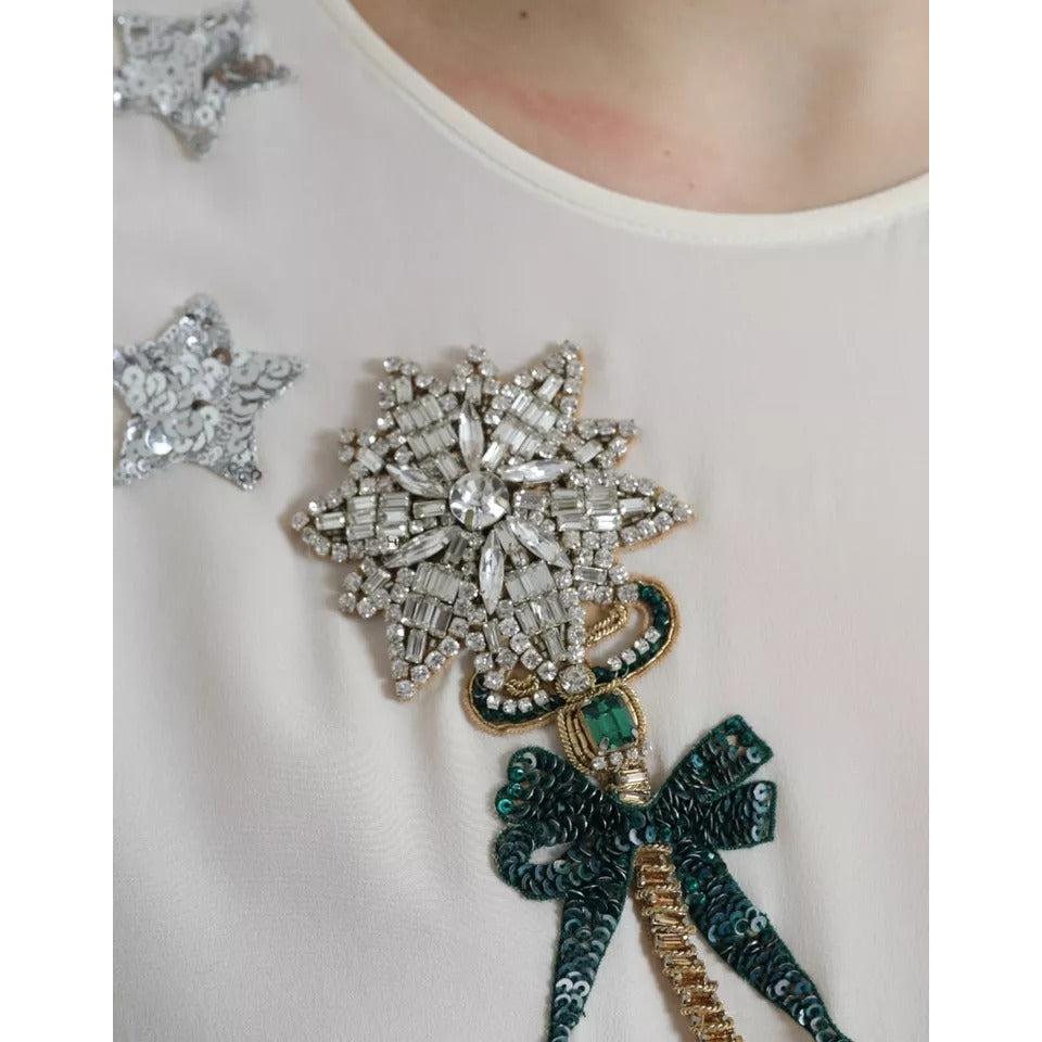 Dolce &amp; Gabbana White Silk Crystal 3/4 Sleeves Blouse Top