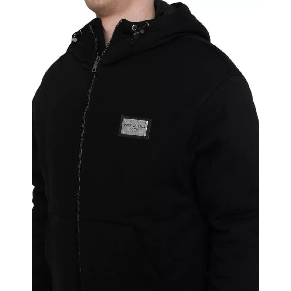 Dolce &amp; Gabbana Black Cotton Hooded Logo Bomber Men Jacket