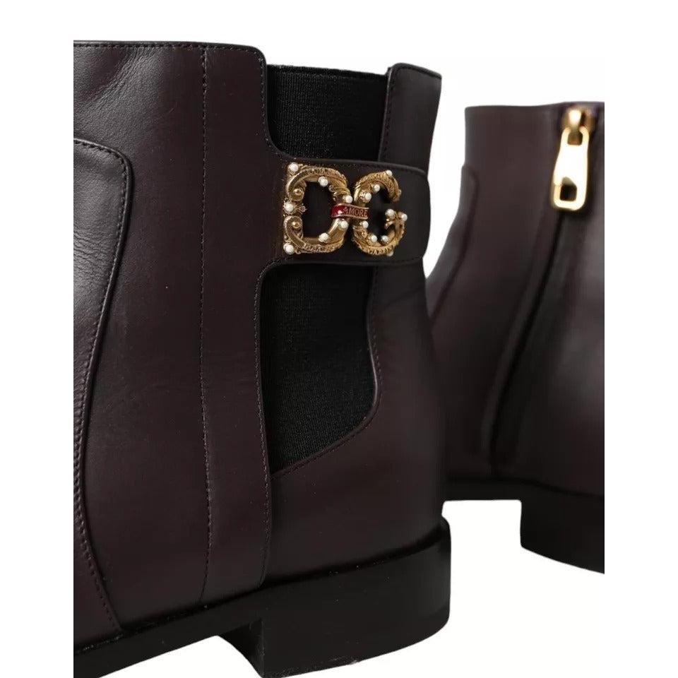 Dolce &amp; Gabbana Brown Leather AMORE Flats Ankle Boots Shoes