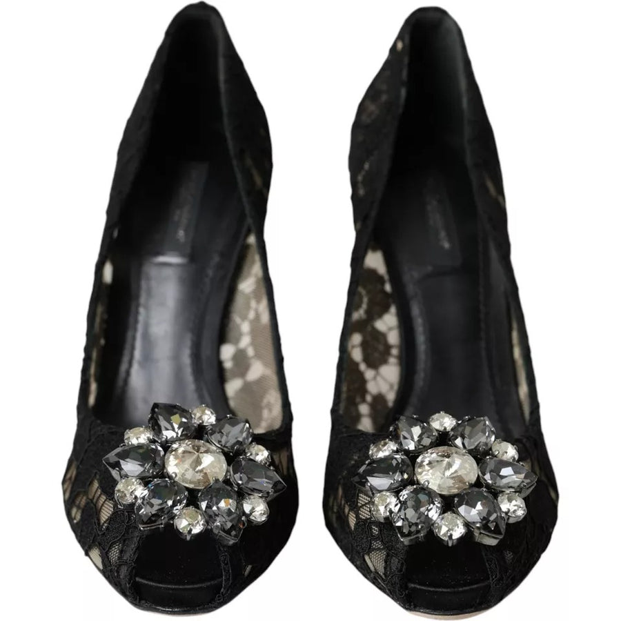 Dolce & Gabbana Black Taormina Lace Crystal Heel Pumps Shoes