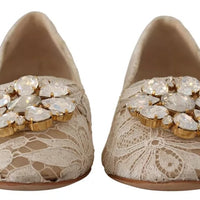 Dolce & Gabbana Beige Lace Crystal Ballet Flats Loafers Shoes