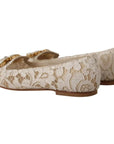 Dolce & Gabbana Beige Lace Crystal Ballet Flats Loafers Shoes