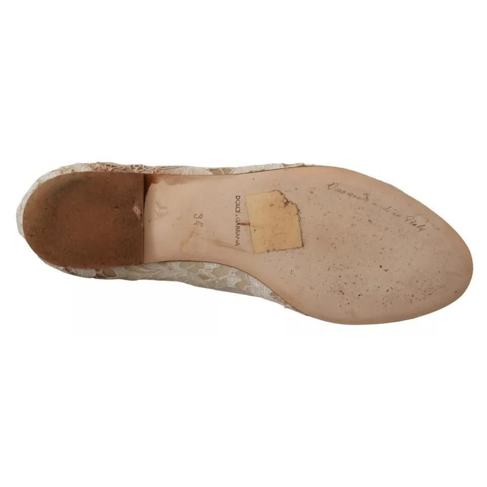 Dolce &amp; Gabbana Beige Lace Crystal Ballet Flats Loafers Shoes