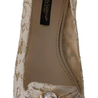 Dolce & Gabbana Beige Lace Crystal Ballet Flats Loafers Shoes