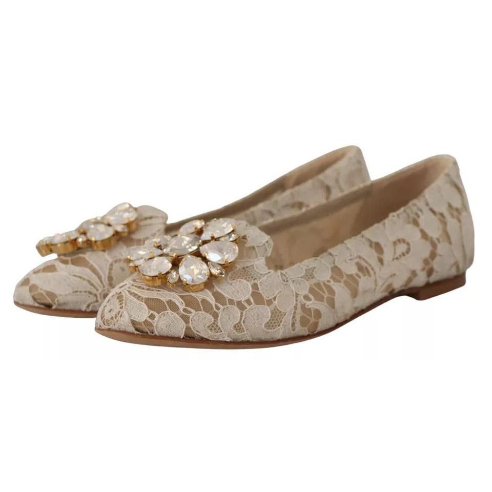 Dolce &amp; Gabbana Beige Lace Crystal Ballet Flats Loafers Shoes