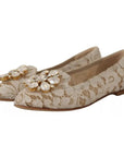 Dolce & Gabbana Beige Lace Crystal Ballet Flats Loafers Shoes