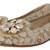 Dolce & Gabbana Beige Lace Crystal Ballet Flats Loafers Shoes