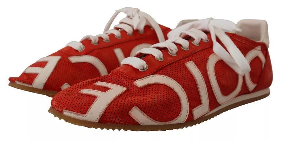 Dolce &amp; Gabbana Red White Leather Mens Logo Casual Sneakers Shoes