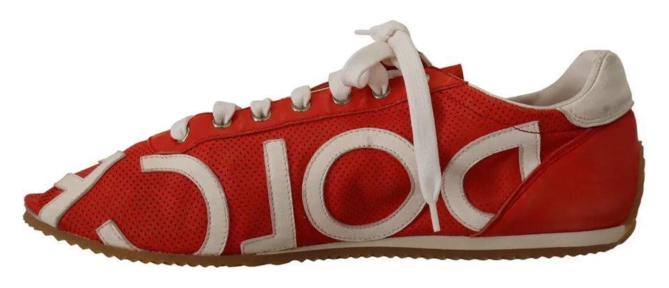 Dolce &amp; Gabbana Red White Leather Mens Logo Casual Sneakers Shoes