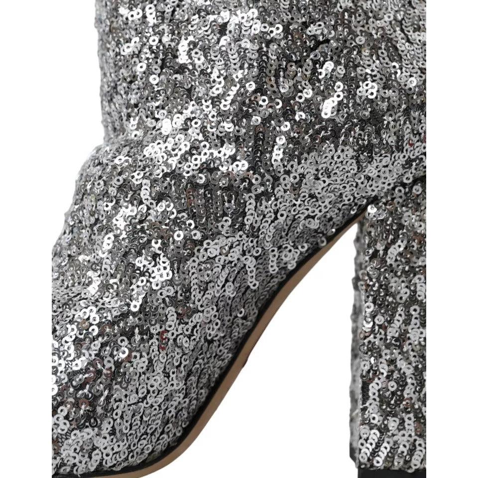 Dolce &amp; Gabbana Silver Sequined High Boots Stretch Shoes