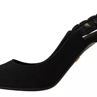 Dolce & Gabbana Black Embellished Heels Slingback Charmeuse Shoes