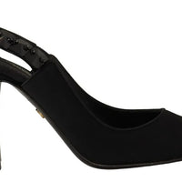 Dolce & Gabbana Black Embellished Heels Slingback Charmeuse Shoes