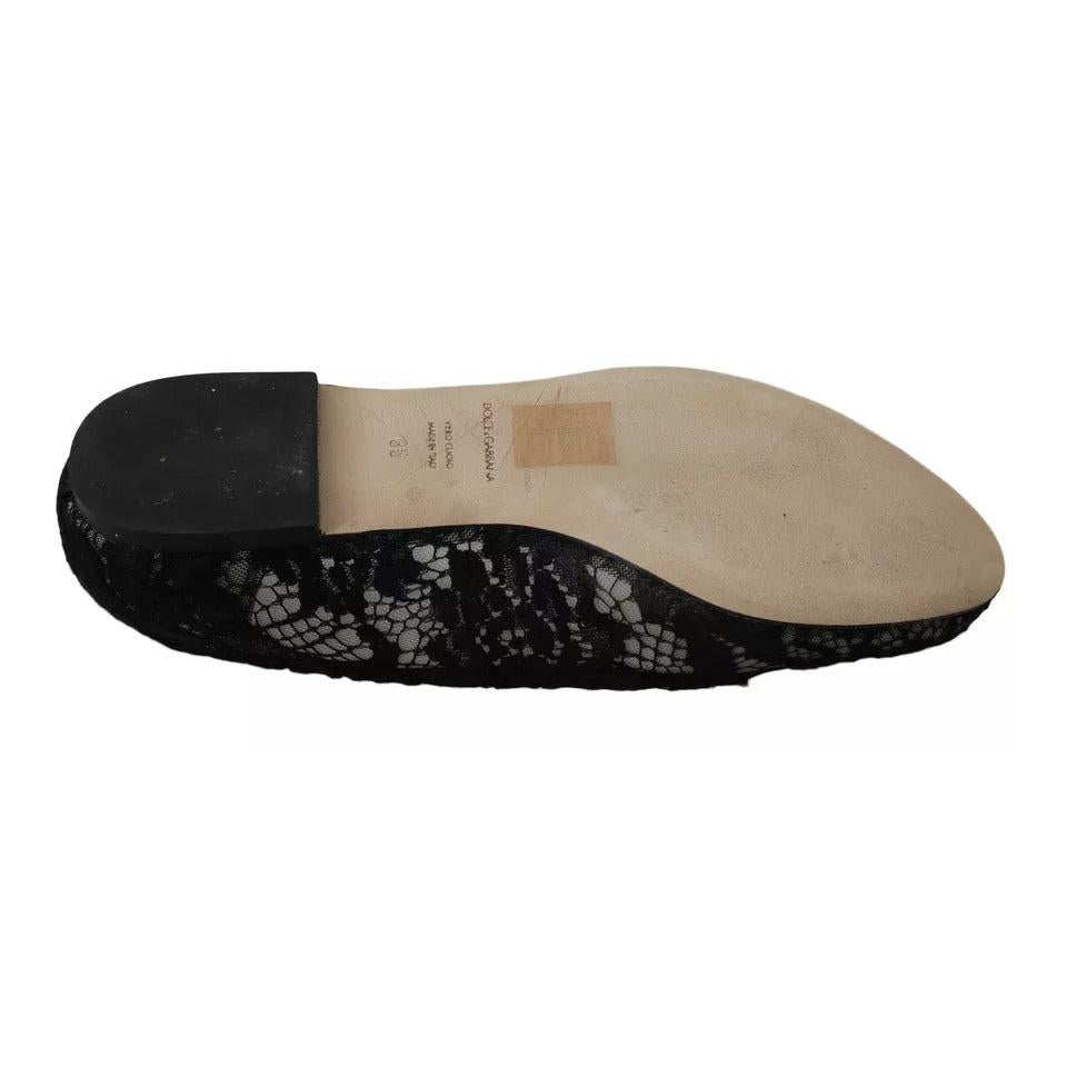 Dolce &amp; Gabbana Black Floral Lace Loafers Flats Shoes