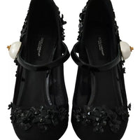 Dolce & Gabbana Black Floral Embellish Heels Mary Janes Pumps Shoes