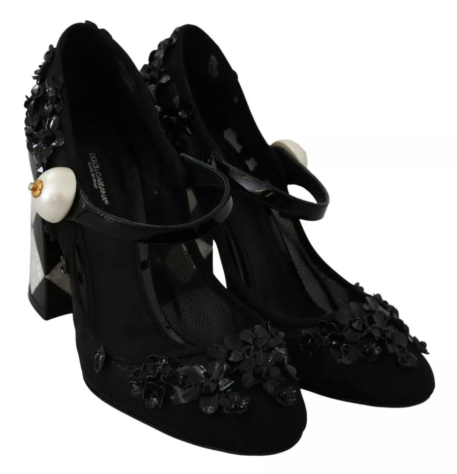 Dolce & Gabbana Black Floral Embellish Heels Mary Janes Pumps Shoes