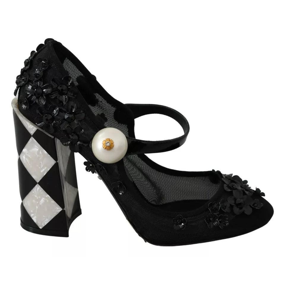 Dolce &amp; Gabbana Black Floral Embellish Heels Mary Janes Pumps Shoes
