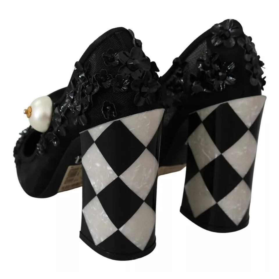 Dolce &amp; Gabbana Black Floral Embellish Heels Mary Janes Pumps Shoes