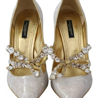 Dolce & Gabbana White Crystal Bow Pearl Mary Jane Pumps Shoes