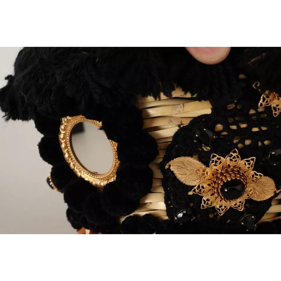 Dolce &amp; Gabbana Black Beige Straw Basket Tote Pom Pom Crystals Bag