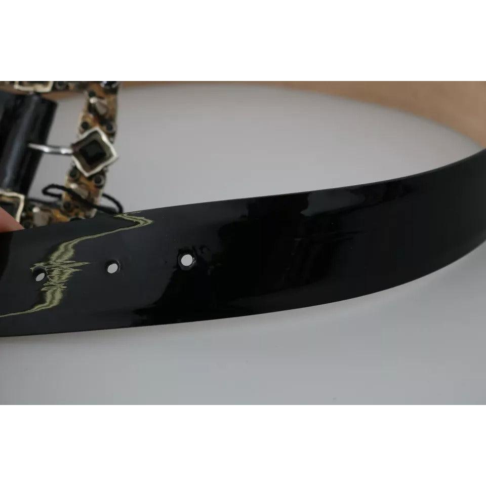 Dolce &amp; Gabbana Black Shiny Leather Crystal Logo Buckle Belt