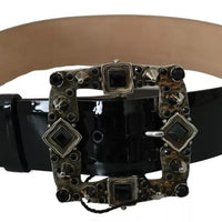 Dolce & Gabbana Black Shiny Leather Crystal Logo Buckle Belt