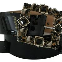 Dolce & Gabbana Black Shiny Leather Crystal Logo Buckle Belt