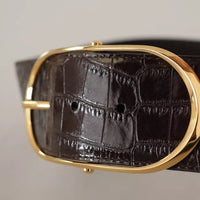 Dolce & Gabbana Brown Crocodile Pattern Leather Gold Oval Buckle Belt