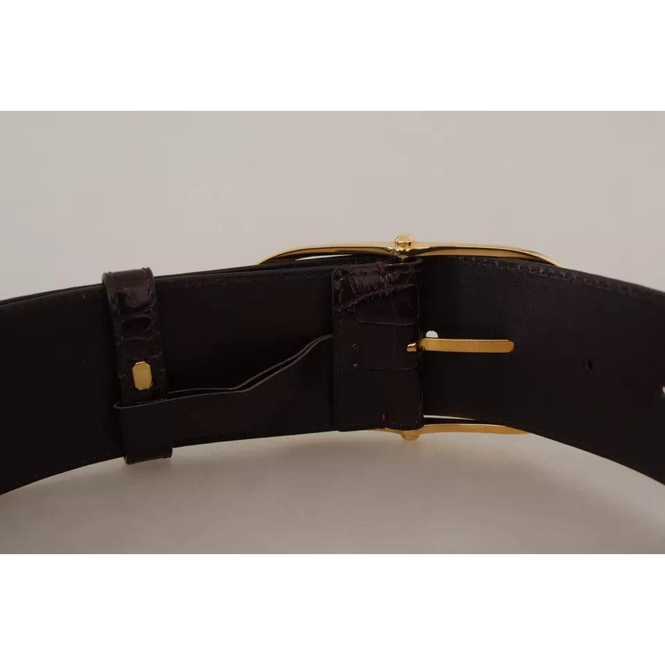Dolce &amp; Gabbana Brown Crocodile Pattern Leather Gold Oval Buckle Belt