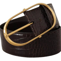 Dolce & Gabbana Brown Crocodile Pattern Leather Gold Oval Buckle Belt