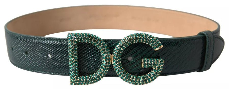 Dolce & Gabbana Green Iguana Leather DG Crystal Gold Buckle Belt