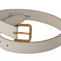 Dolce & Gabbana White Leather Gold Logo Engraved Metal Buckle Belt