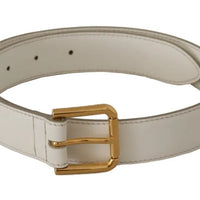 Dolce & Gabbana White Leather Gold Logo Engraved Metal Buckle Belt